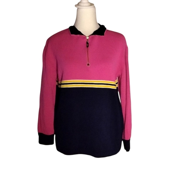 St. John Pink Yellow Color Block 1/4 Zip Knit Sweater Size Small - Picture 1 of 7